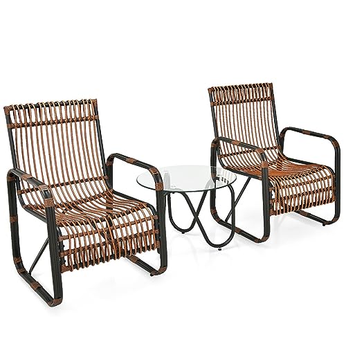 3PCS Patio Rattan Furniture Set Conversational Sofa Coffee Table Garden