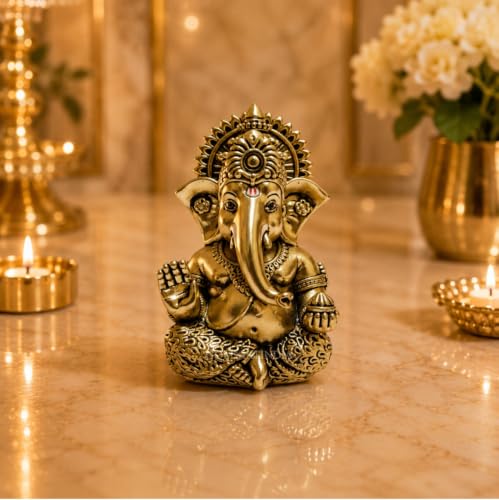Image of Gold Art India Lord Ganesha Idol with Premium Velvet Gift Box | Decorative Ganpati Murti for Home Temple, Office Desk, Car Dashboard & Spiritual Gifting