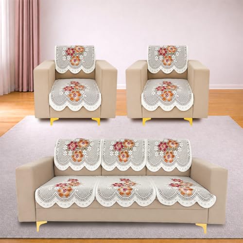 Image of Homerz Premium 'Surya Series' Sofa Cover | Stylish Sofa Protector | Net Fabric | Anti-Stain & Washable Slip Cover Exact Size Antislip (Exclusive Rust, 5 (3+1+1) Seater, Seat Cover with Backrest)