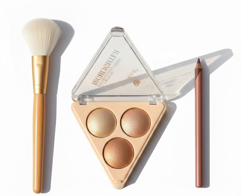 Triangle Highlighter 2 Makeup Kit, 3 Shade Highlighter Palette with Powder Brush and Lip Liner, Champagne Gold Rose Gold Bronze-image-38