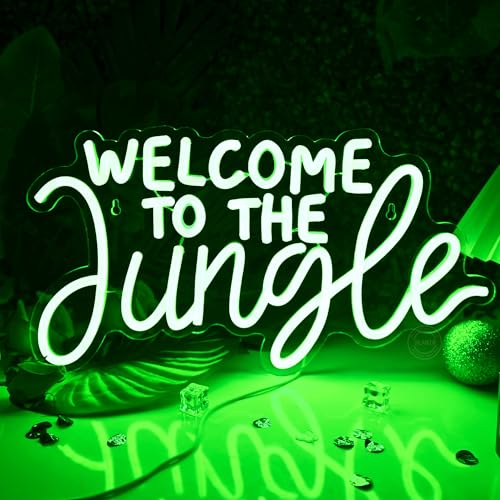 Image of Planzo Welcome to the Jungle LED Neon Light Sign Baby Shower Wall Decor | Kids Room Bedroom Home Wall Decor, Safari Jungle Themed Party Decor, Kids Birthday Gift, Light Up Sign, USB,16.93 inchx9.06 inchGreen