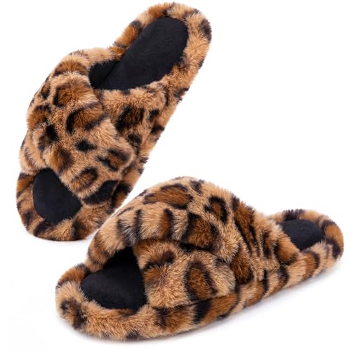 Snug Leaves Womens Fluffy Cross Band Open Toe Slippers with Indoor Outdoor Non Slip Sole Brown Cheetah 7-8 US
