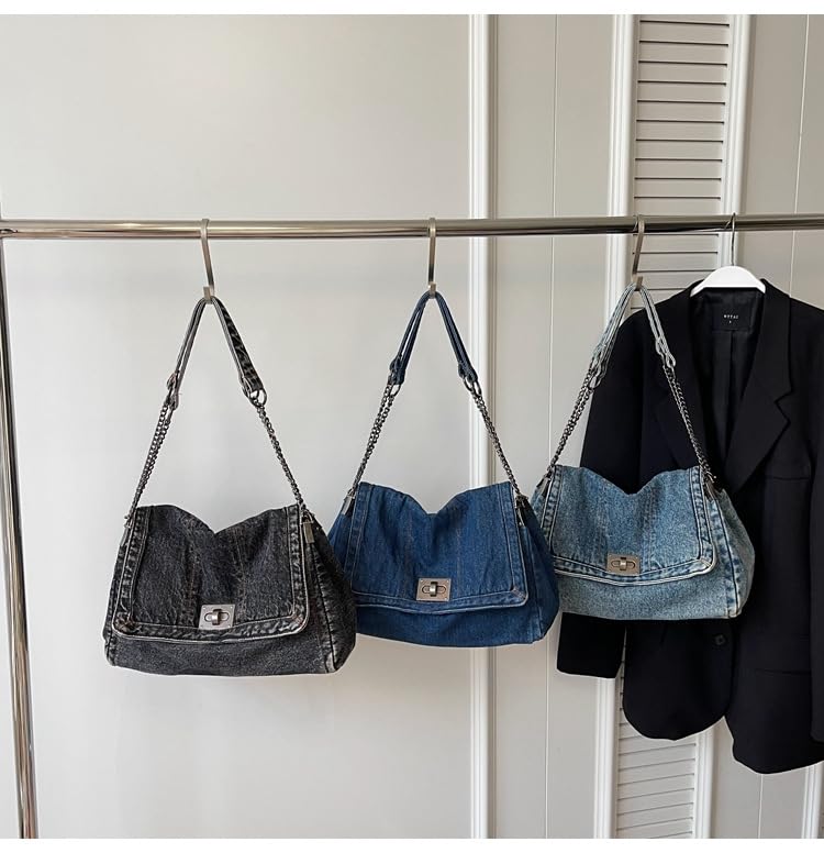 Image of Large Denim Purses for Women Denim Tote Bag Casual Retro Crossbody Lightweight Shoulder Bag Canvas Handbags