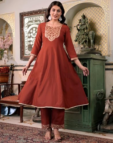 Image of SIRIL Women's Rayon Viscose Embroidered Anarkali Kurta with Pant & Dupatta, Anarkali Suit for Women