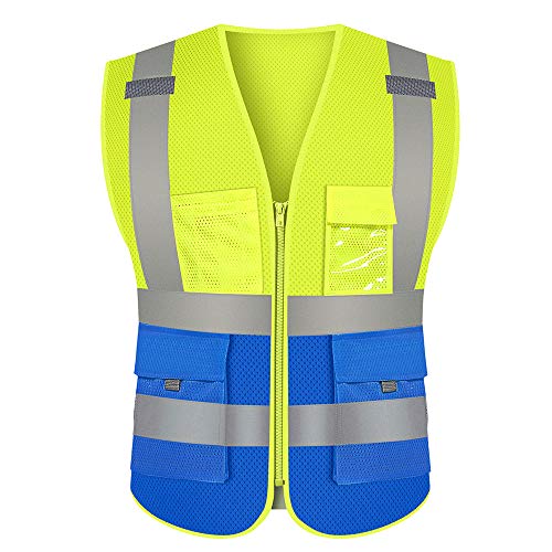 High visibility Two Tone Yellow Blue Mesh Reflective Safety Vest with Zipper and Pockets | Construction Worker Vest Jacket | (3XL, YellowBlue)