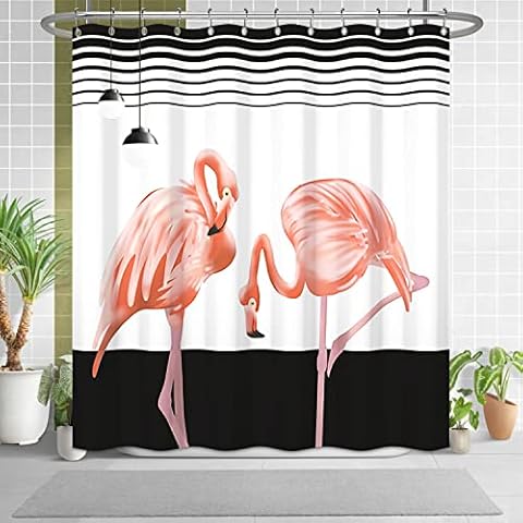 Uiiooazy White Black Boho Shower Curtain for Bathroom Pink Flamingos Birds Bathtub Room Partition Door Divider Decor Black Stripe Lines Waterproof Fabric Shower Curtains 72x72 Inches Cover
