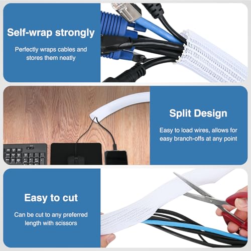Image of Nilight Cable Sleeve,25ft-1inch Cord Management Sleeves White Wire Loom | Braided Sleeving, Split Self Wrapping Wire Loom for Computer Electrical Automotive Harness Protector Organizer, White