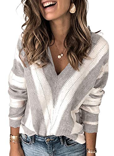 Asvivid Color Block Fall Sweaters for Women 2022 Deep V Neck Striped Knit Pullover Winter Warm Casual Loose Sweater Tops M Gray