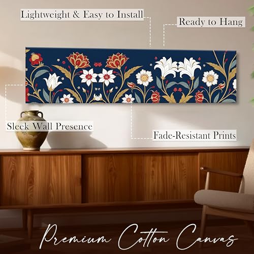 Image of Blue Luxury Floral Botanical Canvas Wall Art Painting For Living Room, Navy Blue Ornamental Flowers Painting, Elegant Panoramic Decorative Wall Art For Home & Office Decor, 12x46 Inch