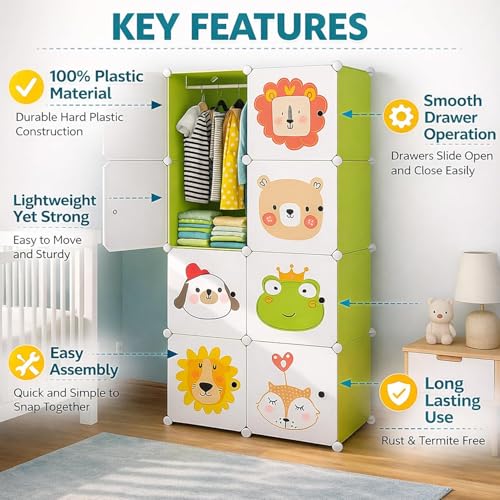 Image of 8 Door Kids Cartoon Wardrobe Storage Cabinet - DIY Modular Clothes Organizer with Hanging Cartoon Design Wardrobe with Multi for Bedroom, Living Room,Entryway