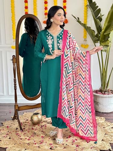 Image of Shiv Textiles Women's Chanderi Silk Embroidered Kurta Pant Dupatta Set(JDA-Lavina-Green-L)
