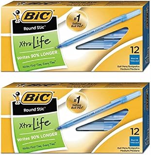 24 x Bic Round Stic Xtra Life BallPoint Pen, 1.0mm Medium Point Pens for Home, School & Office [Blue Ink]