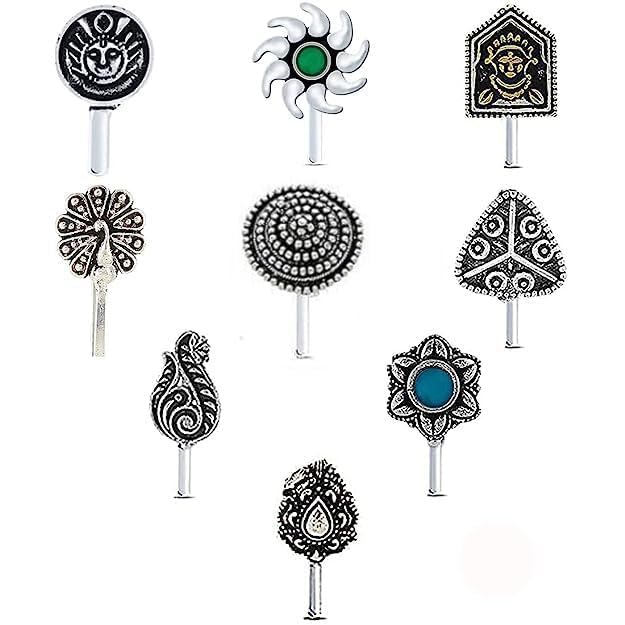anuradha pearl Fancy Oxidised nose pin for women | Clip on | Press On | Without piercing | Silver | Latest nose pin deigns-picture-55