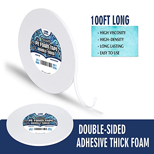 Tssart 2Pack Pe Foam Tape - 1.5Mm Thickness Double Sided Foam Tape White Foam Tape Sponge Soft Mounting Adhesive Tape For 3D Art Crafting Picture Hanging Poster - 1/4Inch Wide 100Ft Long Total #TOP1
