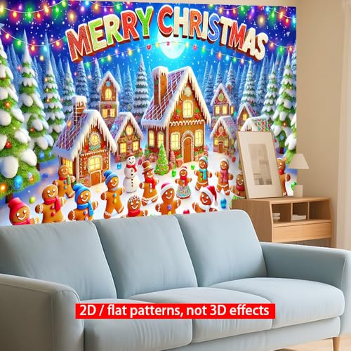 Image of Christmas Banner 71x43 Inch Gingerbread Village Snow Tree and Light String Scene Festive Holiday Backdrop Warm Seasonal Decoration for Indoor Outdoor Celebration Party Display