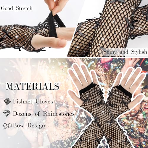 Rhinestone Fishnet Bow Gloves for Women and Girls - Fingerless Fishnet Gloves for Halloween Costume3