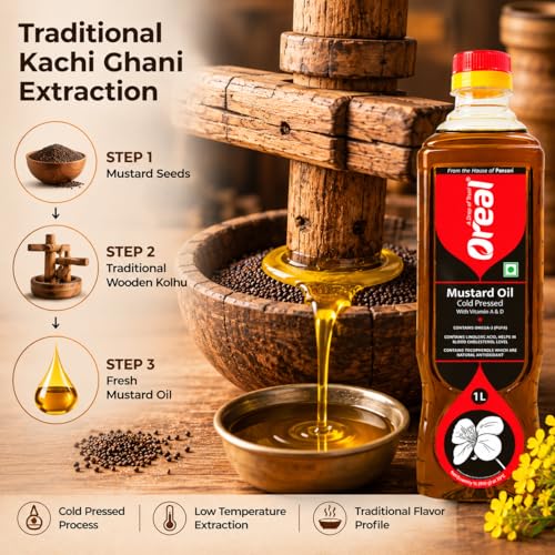 Image of Oreal Organic Kacchi Ghani Mustard Oil, 1L (Pack of 3)