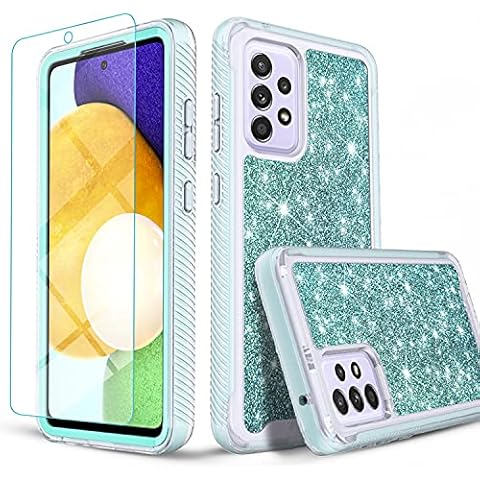 Samsung A52 5G Case, Galaxy A52 5G Case, with [Tempered Glass Screen Protector Included], Circlemalls Military Grade Military Grade 12 Feet Shockproof Cover Glitter Spot Diamond- Teal Cover