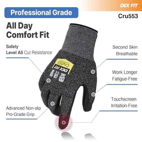 Image of DEX FIT Level 5 Cut Resistant Gloves Cru553, 3D Comfort Stretch Fit, Power Grip, Durable Foam Nitrile, Smart Touch, Machine Washable, Thin & Lightweight, Black Grey 9 (L) 3 Pairs