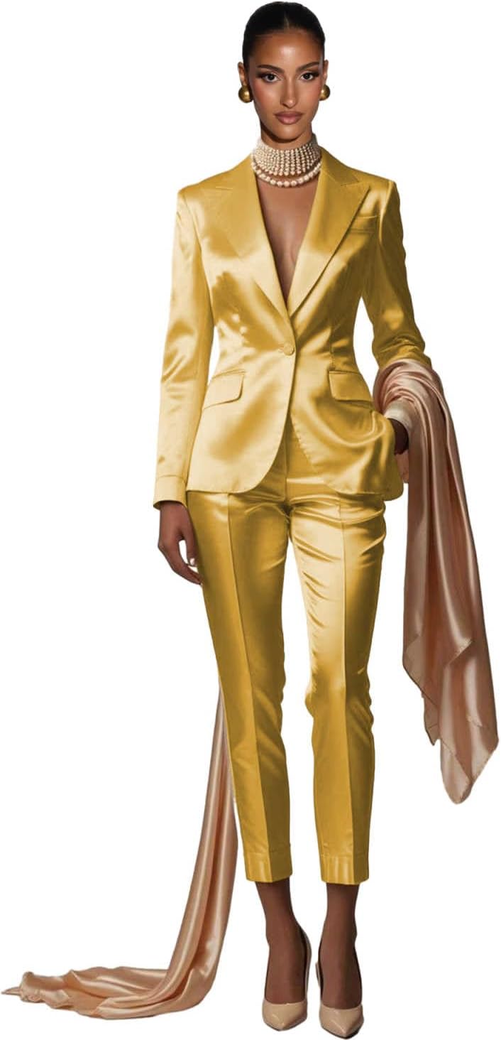 Satin Pant Suits for Women 2 Piece Peak Lapel Work Womens Suit Dressy 1 Button Prom Tuxedo for Wedding Party
