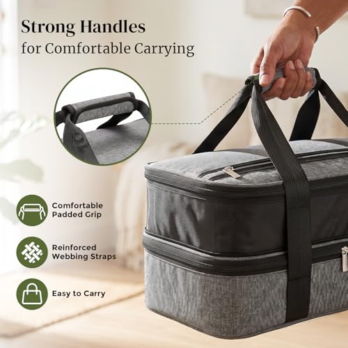 Image of DOWAN Insulated Casserole Carrier for 9x13 Baking Dish - Expandable Double Decker Food Carrier Bag for Hot or Cold Food, Thermal Lasagna Lugger Tote for Potluck, Picnic, Party & Travel - Grey