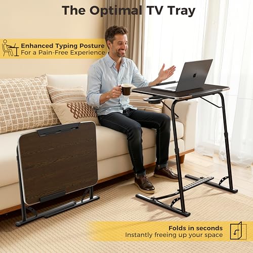 Image of FoldWise Upgraded Folding TV Tray Table - Extra Large & Sturdy Laptop Table for Couch, Height & Angle Adjustable Desk for Dinner, Work & TV - Includes Footrest, Cup Holder, iPad Holder & Edge Stopper
