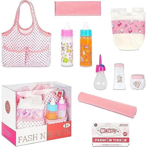 fash n kolor Diaper Bag Doll Accessories Set with Feeding Bottles, Baby Diaper, Tissues, and Cloth Blanket. Complete Diaper Bag kit with 9 Accessories. Comes Packed in a Mommy Bag Cover