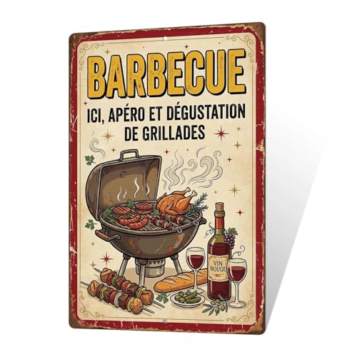 Putuo Decor Plaque Aluminium “Barbecue Ici apéro dégustation de grillades”, Panneau métal...