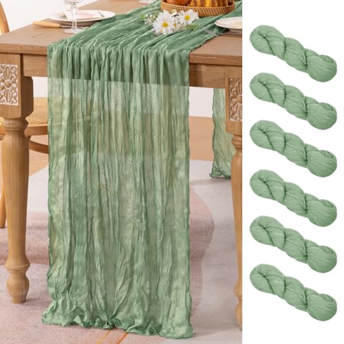 Image of MLMC 6 Pack Sage Green Table Runner 10ft Rustic Boho Cheesecloth Table Runner Summer Cheese Cloth Centerpiece Decor 65x120 Inches for Wedding Bridal Baby Shower Decor