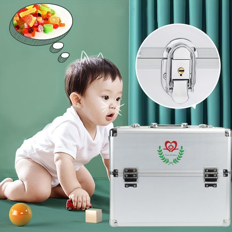 Image of First Aid Kit 3 Tier Portable Large Space with Security Lock Aluminum Alloy First Aid Box, Lockable with Handle and Shoulder Strap Empty Medicine Box Aluminum Medical Box
