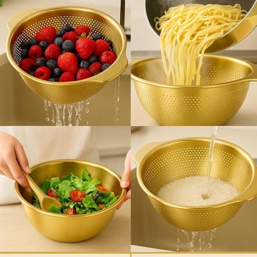 Image of Golden Stainless Steel Colander with Bowl Set | Multipurpose Kitchen Strainer & Drainer | Rust-Free Durable Vegetable Fruit Rice Pasta Washing Bowl | Elegant Serving & Storage Use (Combo)