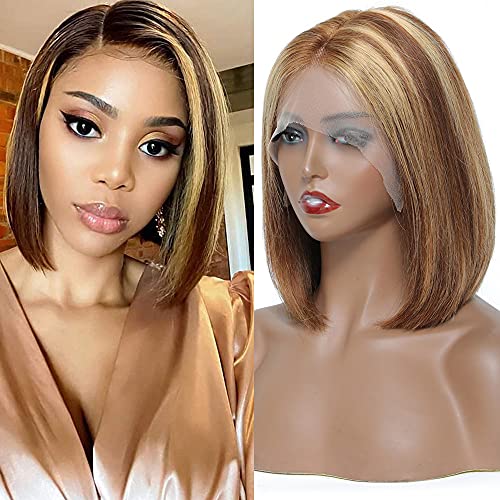 Highlight Bob Wig Human Hair 8 inch 13x4x1 T Part Lace Front Wig Human Hair Honey Blonde Short Straight Bob Wigs for Black Women Pre Plucked Ombre Human Hair Wigs Bob 150% Density 4/27 Colored Wig Bob