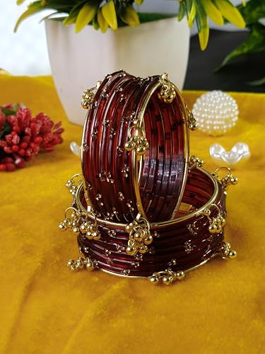 Image of NMII Viral Multi Colour Glass Bangles with Golden Ghungroo Charms & Stone Work For Women & Girls | Fancy Designer Glass Bangle | Traditional Chudi | Kanch Ki Churi | Stylish Ghungroo Bangle For Women