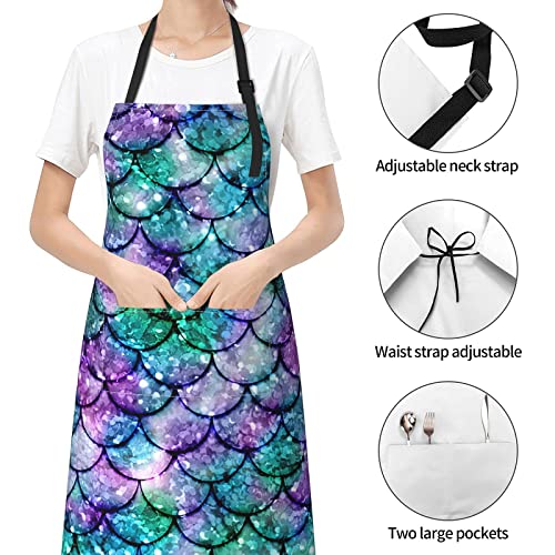 Duduho Glitter Mermaid Scales Waterproof Apron With 2 Pockets Kitchen Chef Bib For Men Women Cooking Bbq Drawing Gardening #TOP2