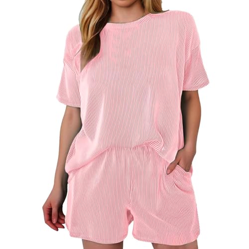 Women's 2 Piece Shorts Set Casual Summer Outfits Basic Short Sleeve Top and Shorts Matching Set Comfortable (Red, S)