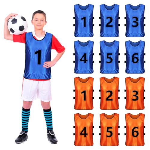 Ysislybin 12er Pack Fußball-Leibchen, Teamsport-Trikots für Kinder, Erwachsene und Jugendliche, Wendbare Nummerierte Trainingswesten für Fußball, Basketball und Andere Ballspiele (Blau, Orange)