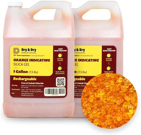 "Dry & Dry" [15 LBS] Premium Orange Indicating Silica Gel Desiccant Beads(Industry Standard 3-5 mm) - Rechargeable(2 Gallon)