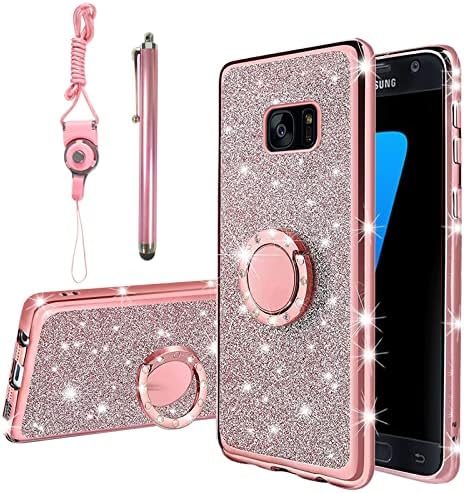 KuDiNi for Samsung Galaxy S7 Edge Case, Galaxy S7 Edge Phone Case for Women Glitter Crystal Soft Clear TPU Luxury Bling Cute Protective Cover with Kickstand Strap for S7 Edge Case (Glitter Rose)