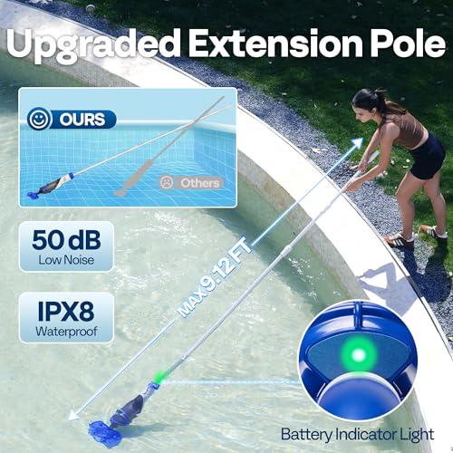 VIVOHOME Cordless Pool Vacuum with Telescopic & Extension Poles 9.12ft, 18.5 GPM Suction, 60-Min Run Time, Handheld Cleaner Rechargeable with Battery Indicator for Pools/Spas/Hot Tubs - Blue