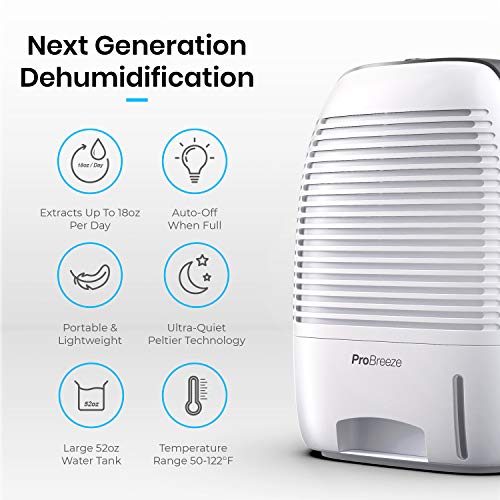 Pro Breeze Premium Electric Dehumidifiers For Bathroom Small, 2200 Cubic Feet (250 Sq Ft), 52Oz Capacity, Compact And Portable For Humidity In Home, Basement, Bedroom, Rv, Office, Garage - Dehumidifiers For Home #TOP1