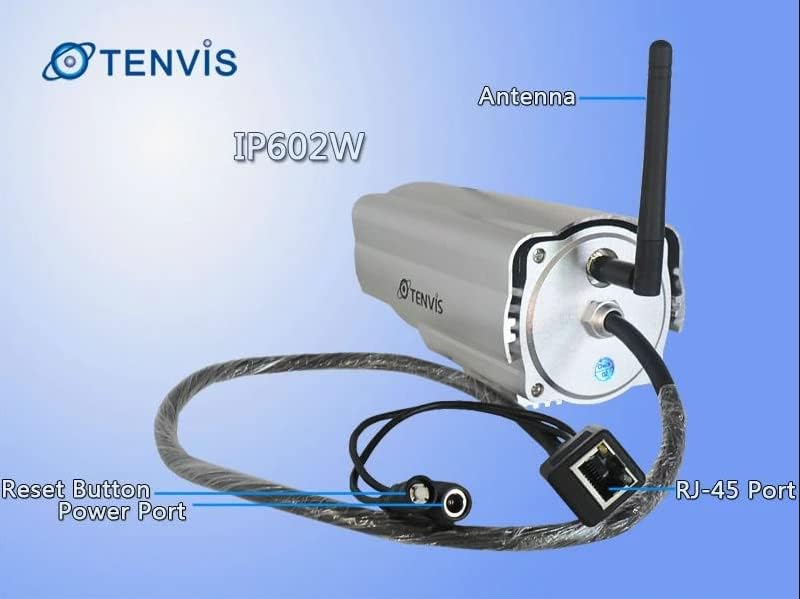 Traseira view of TENVIS IP602W camera showing antenna, RJ-45 port, power port, and reset button