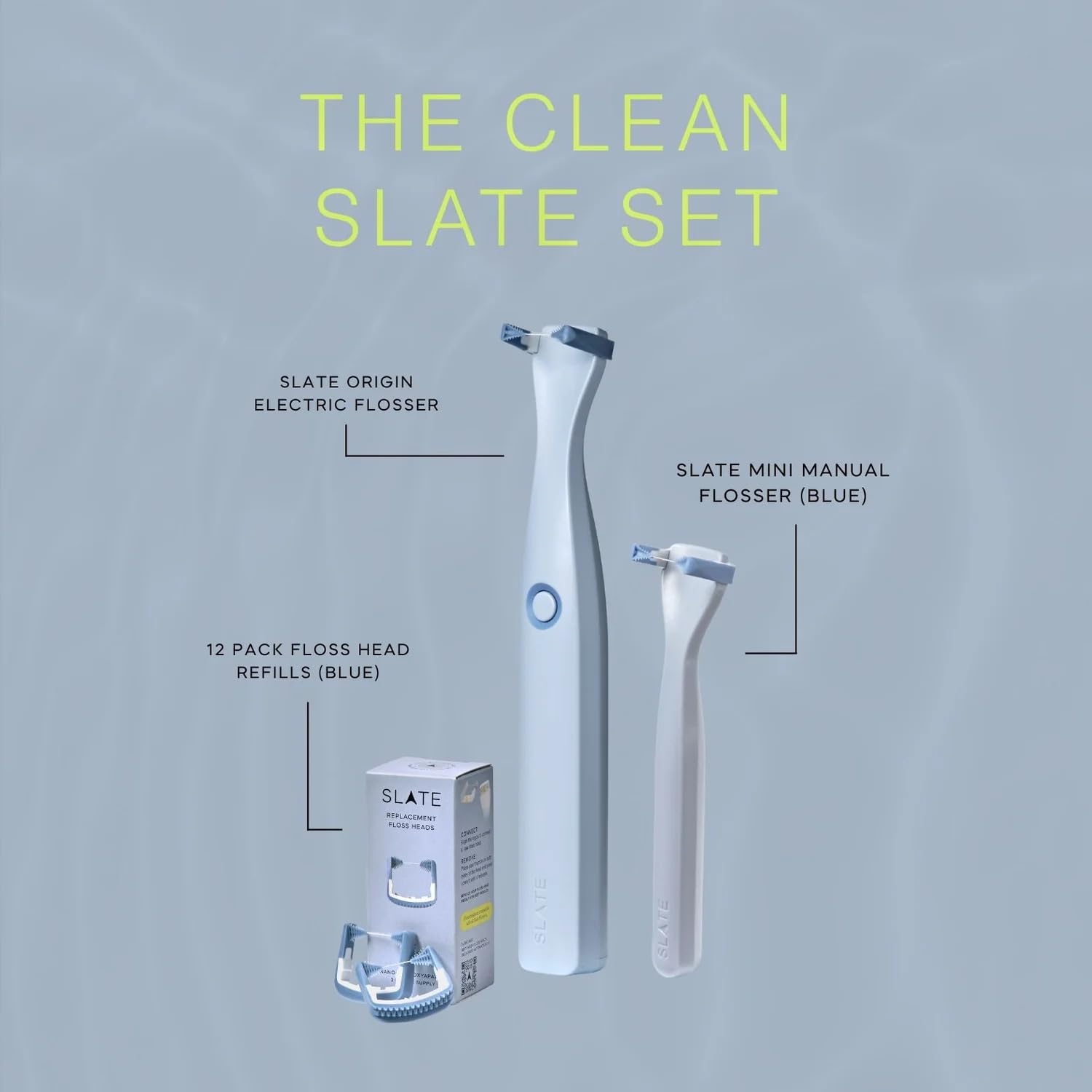 Slate Origin - Flosser elettrico 3 in 1 inventato dai dentisti, con testine riutilizzabili, spazzole per gengive e raschietto per lingua, 12.000 vibrazioni soniche, senza PFAS/PTFE, set di ardesia