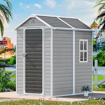 CDCASA 6x4 FT Outdoor Resin Storage Shed with Floor & Lockable Door & Window & Vents Included, Waterproof Outside Plastic Sheds for Backyard, Patio, Poolside, Lawn, Gray