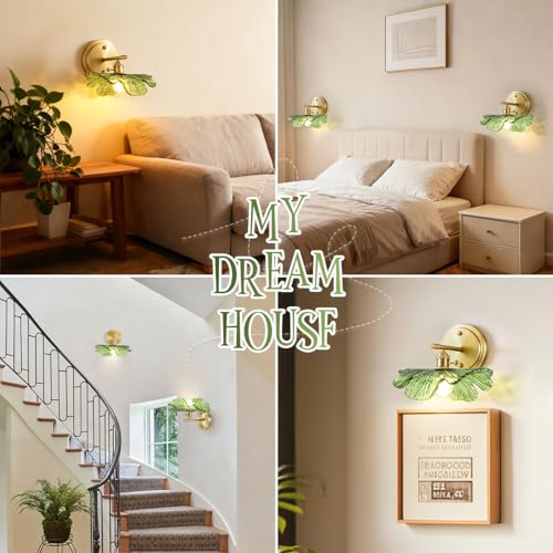 Image of Green Glass Sconce 2 Light Leaf Bathroom Vanity Light Mid Century | Vintage Wall Sconces Set of 2 Gold Wall Lamp, E26 Brass Base, Vanity Light fixtures, Living Room Hallway Entryway