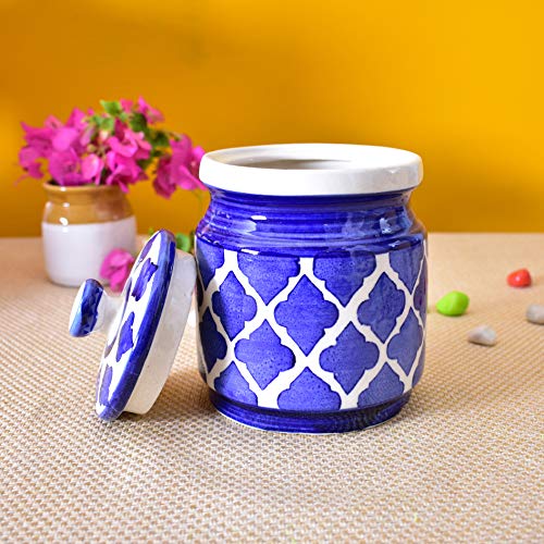 Image of Ceramic Jars (1000 ML) - Handcrafted Multipurpose Barni with Lid for Pickle, Chutney, Spices, Salt, Sugar - Kitchen Storage Containers, Blue
