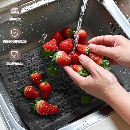 WILLKOMMEN Kitchen Sink Mat, 12" x 10" Dish Drying Mat, Rectangular Sink Protector Mats for Bottom of Kitchen Sink, Fast Draining Sink Mats Grid, 2 Pack Black - Thumbnail 2