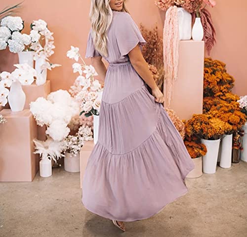 R.Vivimos Summer Dress for Women Cotton Ruffle Short Sleeves V Neck Casual Flowy Midi Dress with Belt3