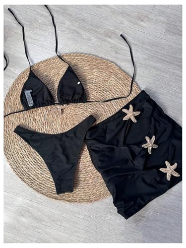 MakeMeChic Women's 3 Piece Bikini Set Halter Triangle Metal Starfish Swimsuit with Cut Out Cover Up Skirt2