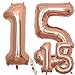 Produktbild zooting Luftballons Zahl 15 Geburtstag XXL Rose Gold - Riesen Folienballon in 2 Größen 40" & 16" | Set XXL 100cm + Mini 40cm Version Geburtstagsdeko | Insgesamt Vier Zahlen | Ideal zum 15. als Deko