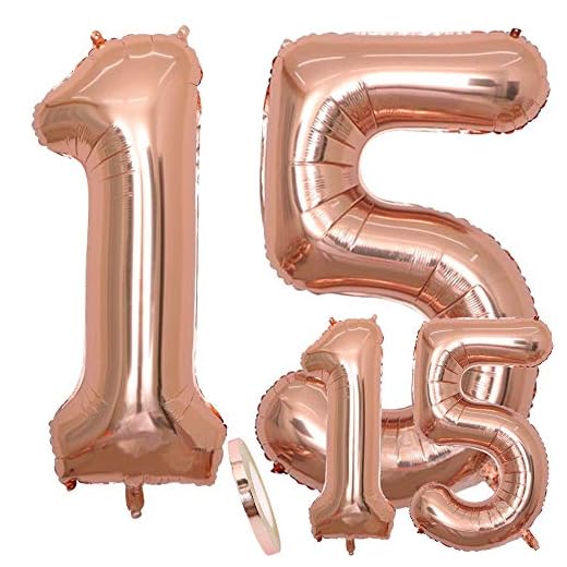 Globos Número 15 Cumpleaños XXL de oro rosa - Helio Globo de lámina gigante en 2 tamaños 40 "y 16" | Set XXL 100cm + Mini 40cm version Decoraciones de cumpleaños |Ideal para el 15 Años como decoración